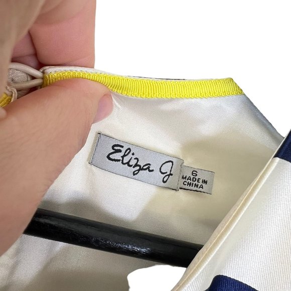 Eliza J Blue White Yellow Stripe Sleeveless Fit Flare Knee Length Dress 6 - Picture 5 of 12